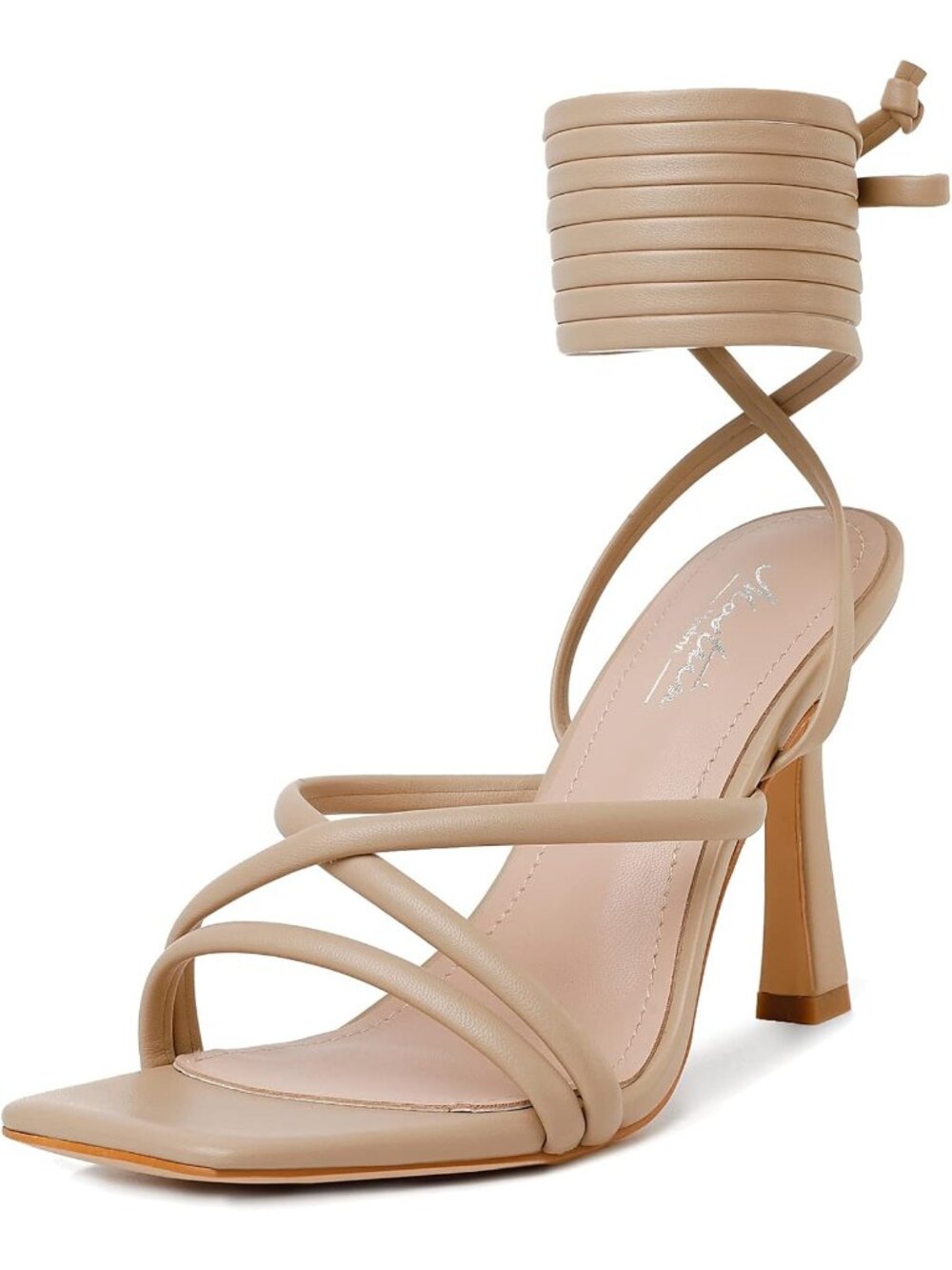 Women's Nude Strappy Heels Lace Up Square Open Toe Heels Tie Up High Heels